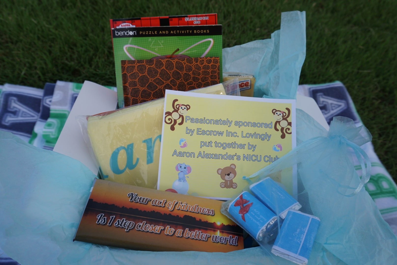 Care package with books, baby supplies, and an Aaron Alexander NICU Club card