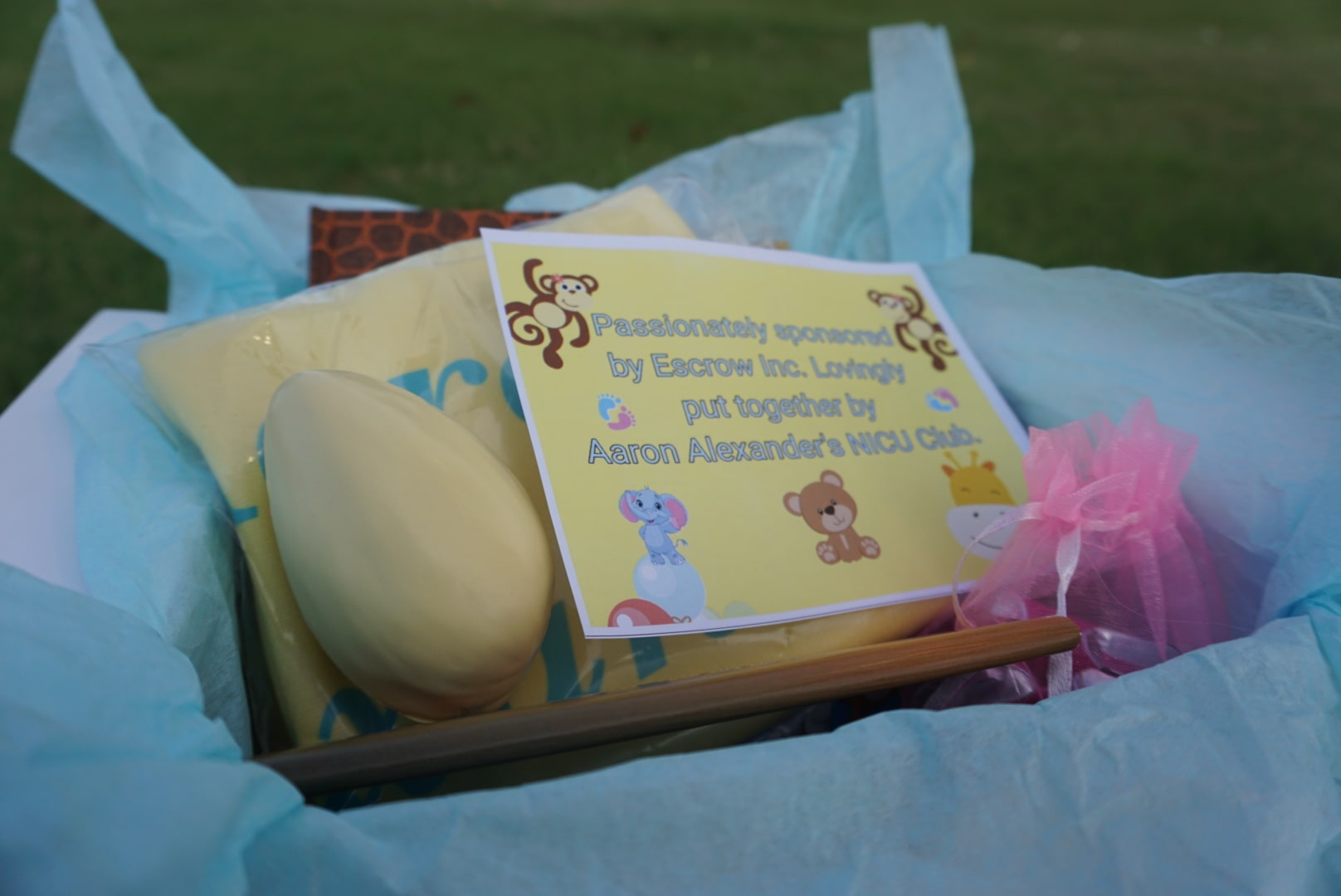 Care package with baby supplies and an Aaron Alexander NICU Club card